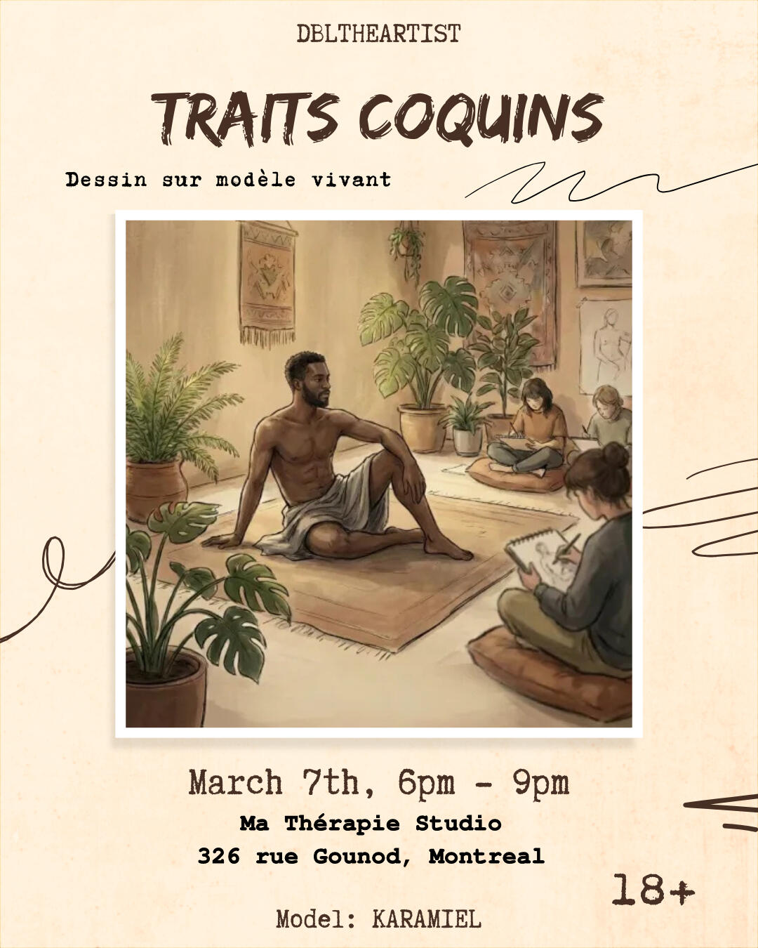 📍 Montréal 📅 7 mars Envie de créer sans pression ? Cet espace est pour toi. Tous les niveaux sont les bienvenus. Viens comme tu es. Observe, dessine, explore. Une ambiance intime et respectueuse, avec une touche de sensualité — centrée sur la présence